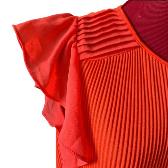 ADRIANNA PAPELL Coral top pleated chiffon ruffle sleeves large - Picture 2 of 8